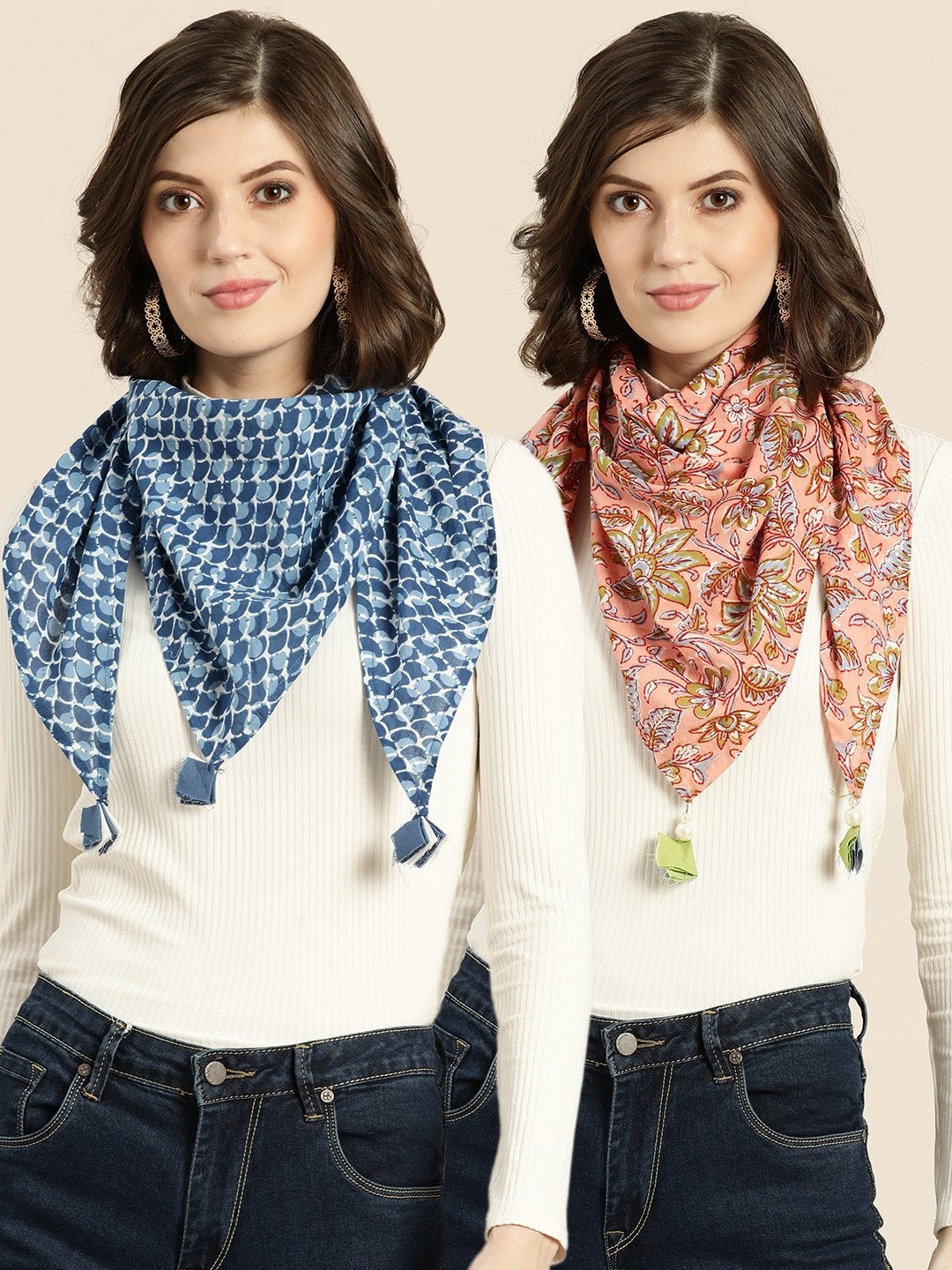 Women's Pink Floral & Blue Geo Scarf (Set Of 2)