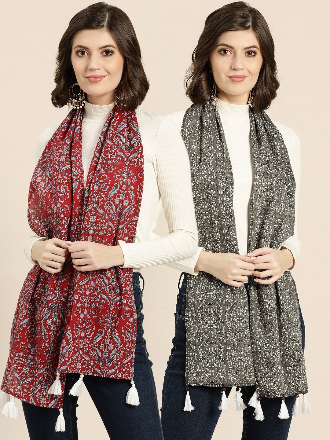 Women's Grey Floral & Red Floral Scarf (Set Of 2)