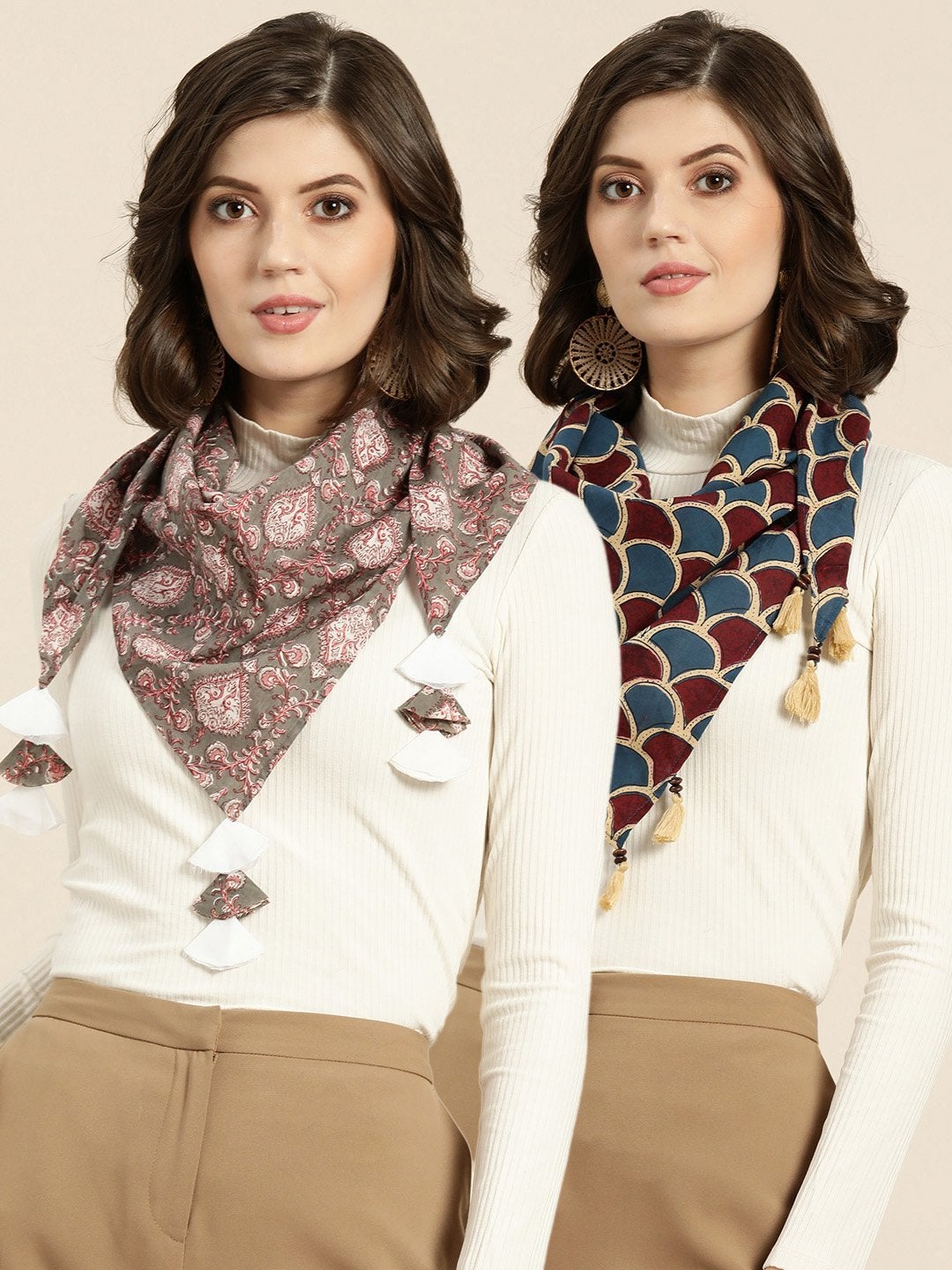 Women's Blue Geo Print & Grey Pink Floral Scarf (Set Of 2)