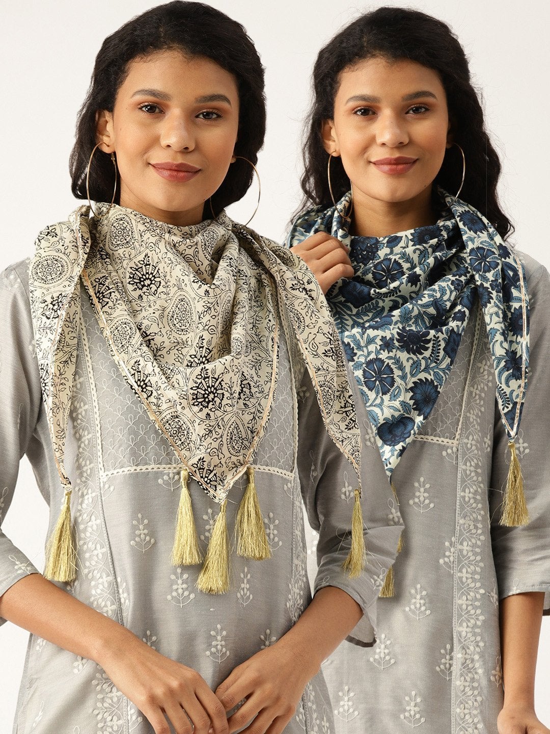 Women's Off White Floral Scarf & Navy Floral Scarf (Set Of 2)