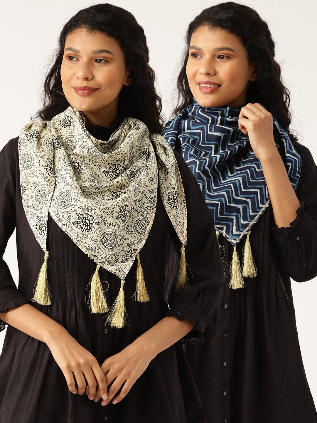 Women's Off White Floral Scarf & Navy Chevron Scarf (Set Of 2)