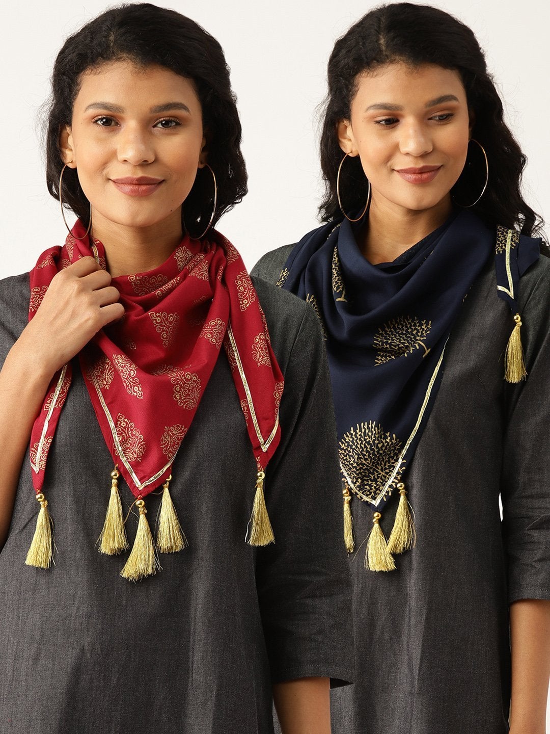 Women's Maroon Floral Scarf & Navy Tree Print Rayon Scarf (Set Of 2)