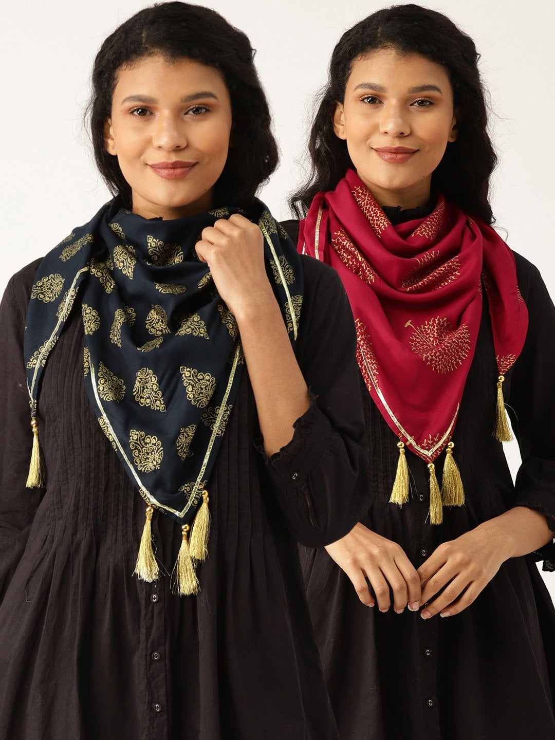 Women's Navy Floral Scarf & Maroon Tree Print Rayon Scarf (Set Of 2)