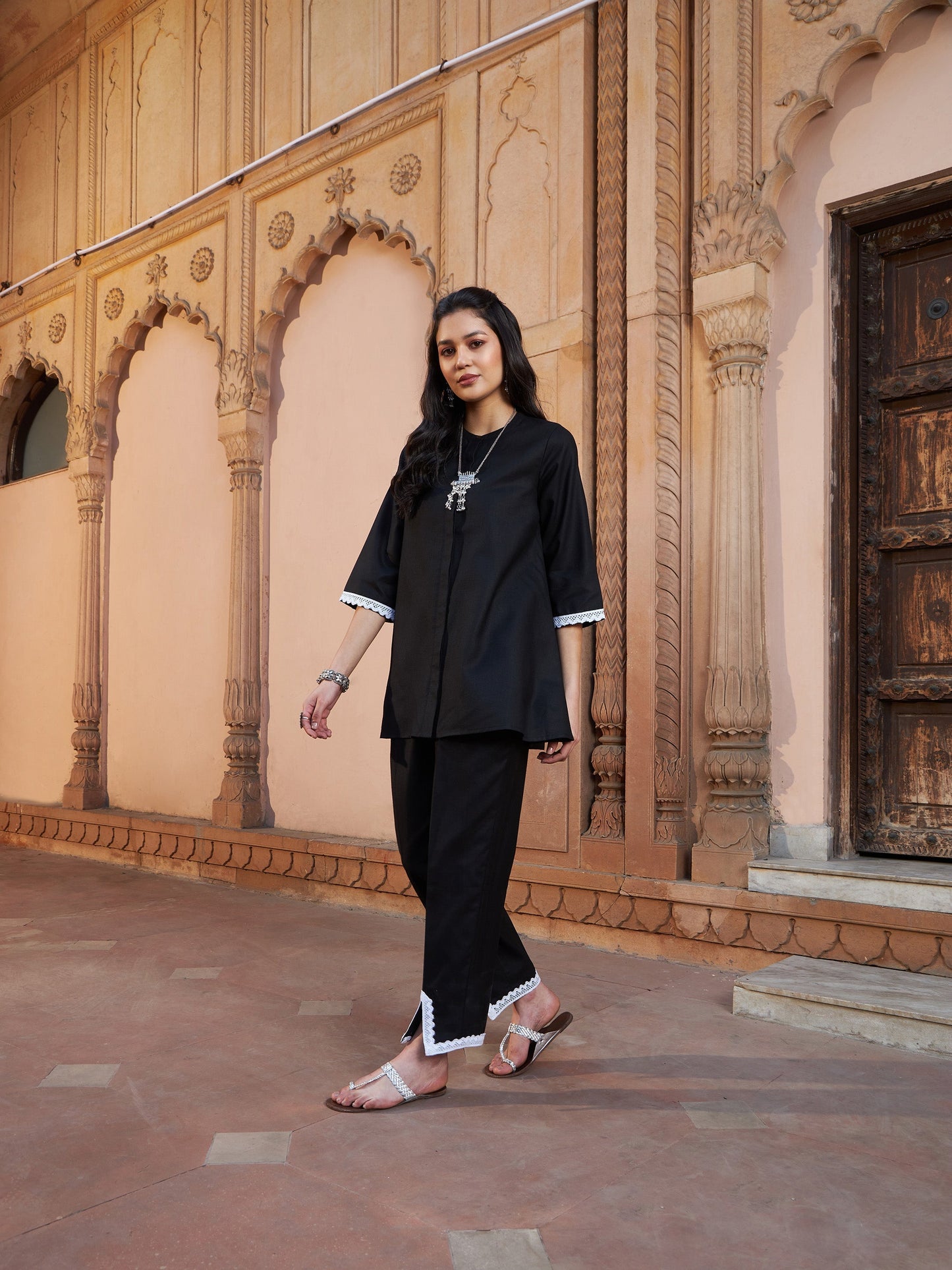Women's Black Lace Detail Short Kurti With Palazzos