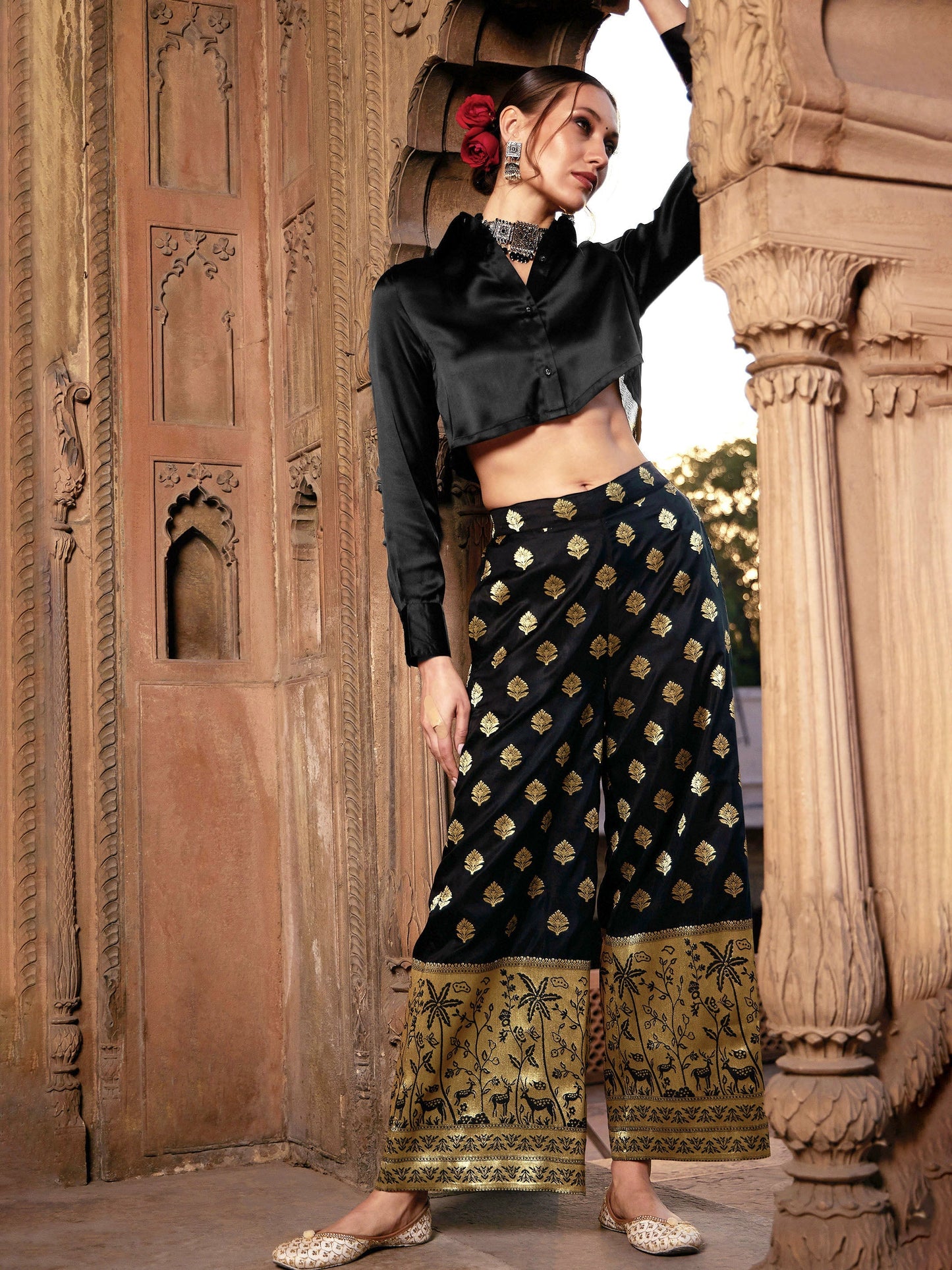 Women's Black Crop Satin Shirt With Brocade Palazzos