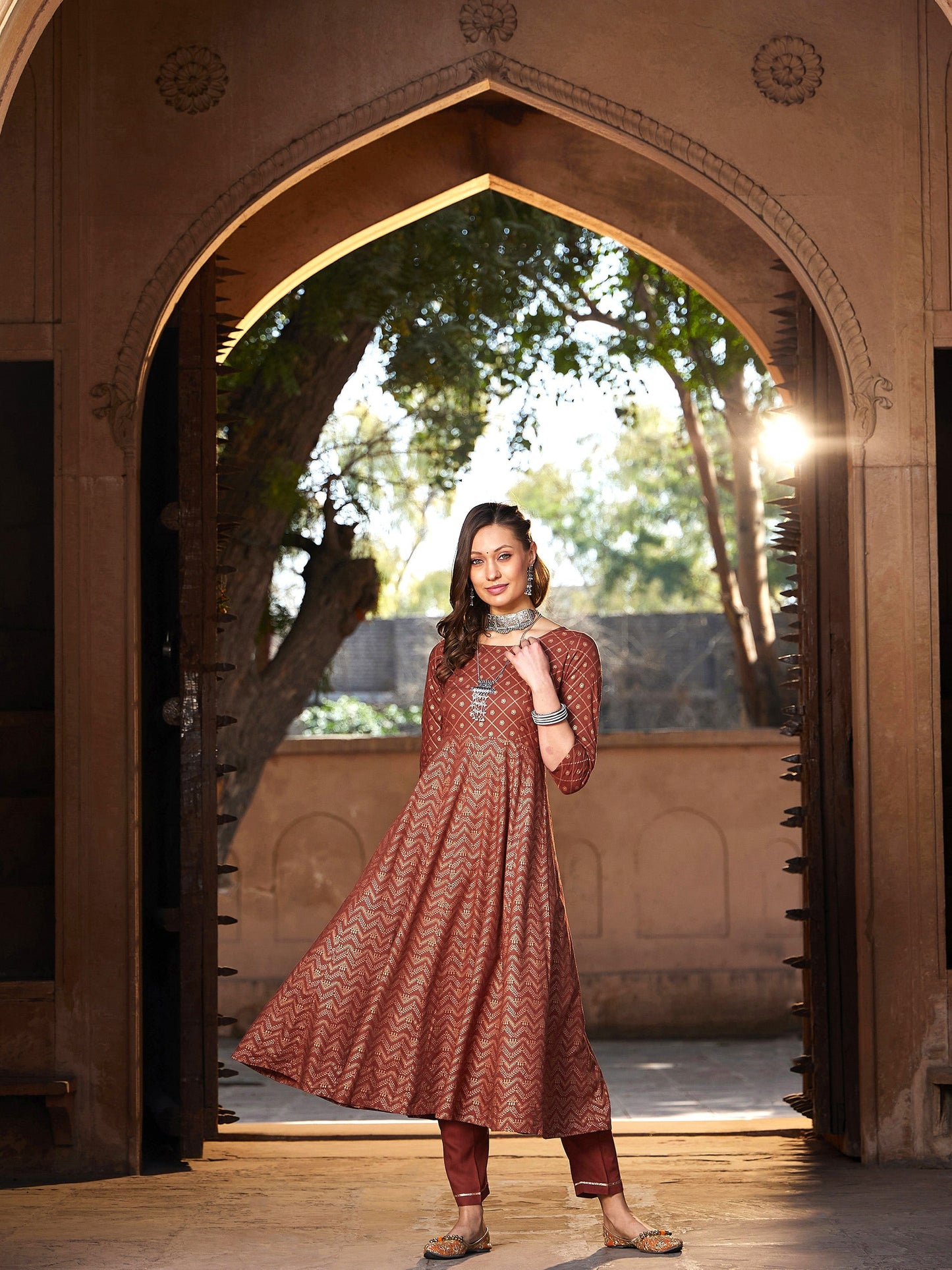 Women's Rust Chevron Foil Anarkali Kurta With Pants