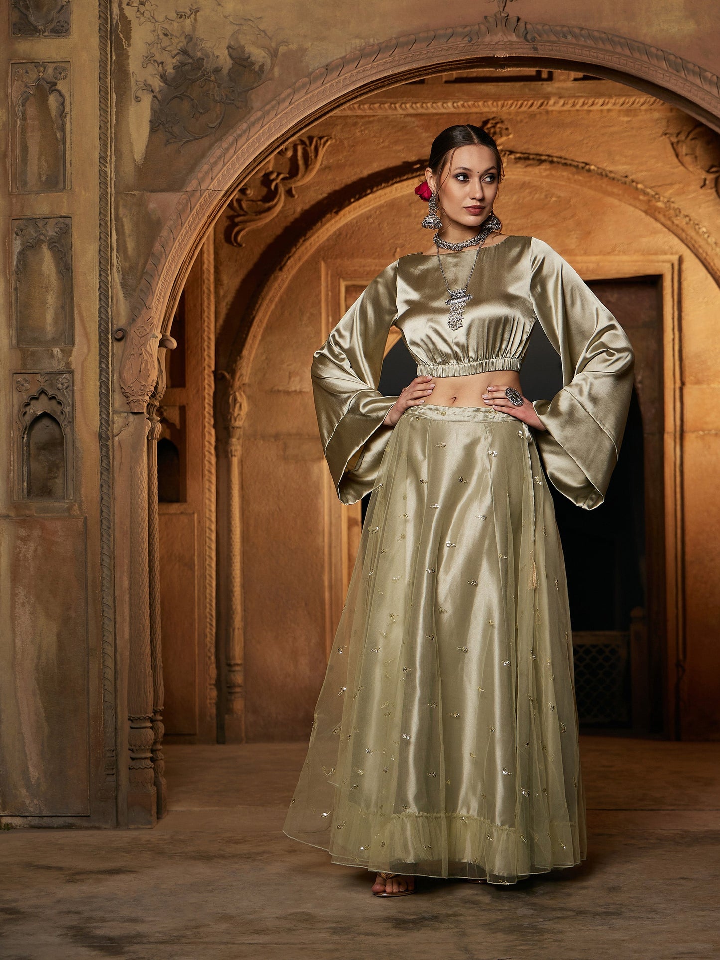 Women's Olive Satin Crop Top With Tulle Sequin Anarkali Skirt