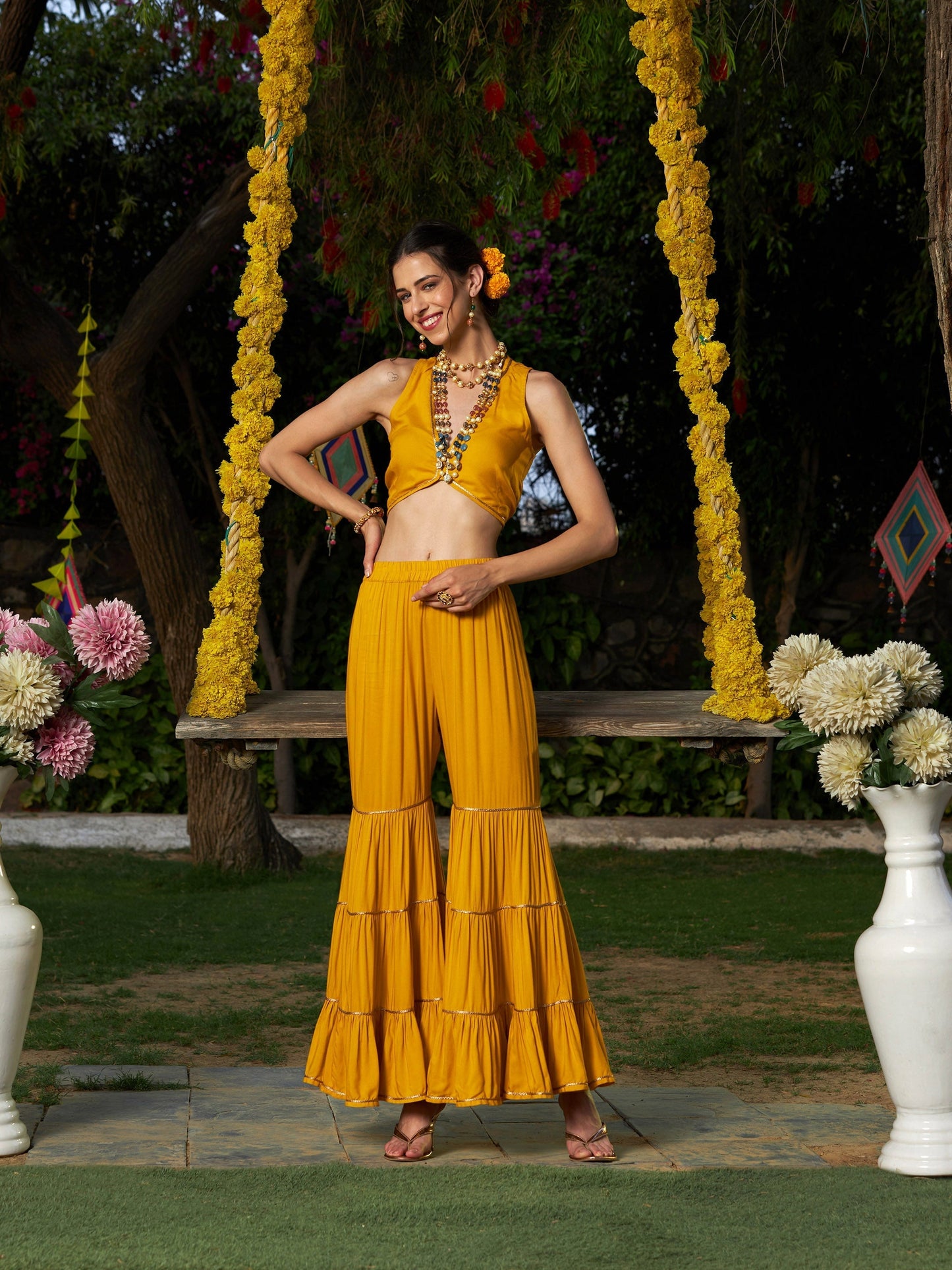 Women's Yellow Crop Top With Tiered Sharara And Emb Cape