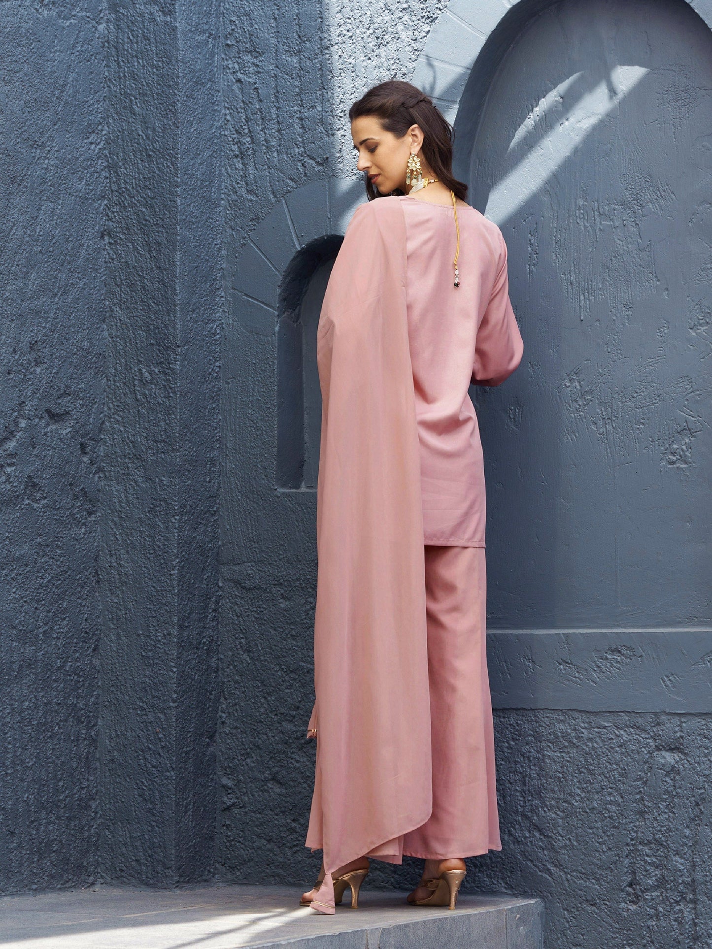 Women's Baked Pink EmbShort Kurta With Palazzo And Dupatta