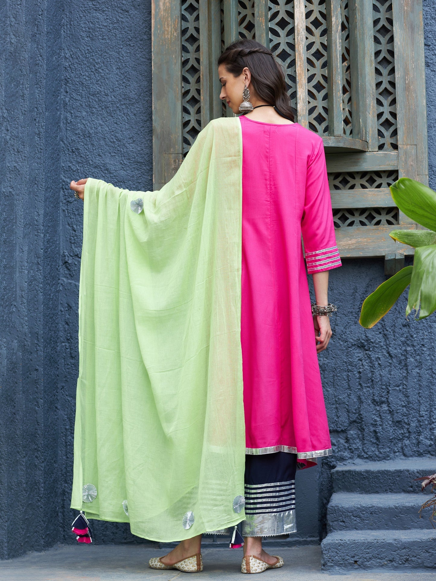 Women's Fuchsia & Navy Gota Anarkali Kurta Set With Green Dupatta