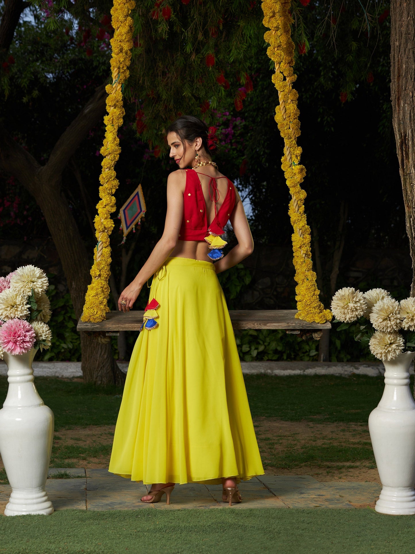 Women's Red Embroidered Crop Top With Yellow Flared Skirt