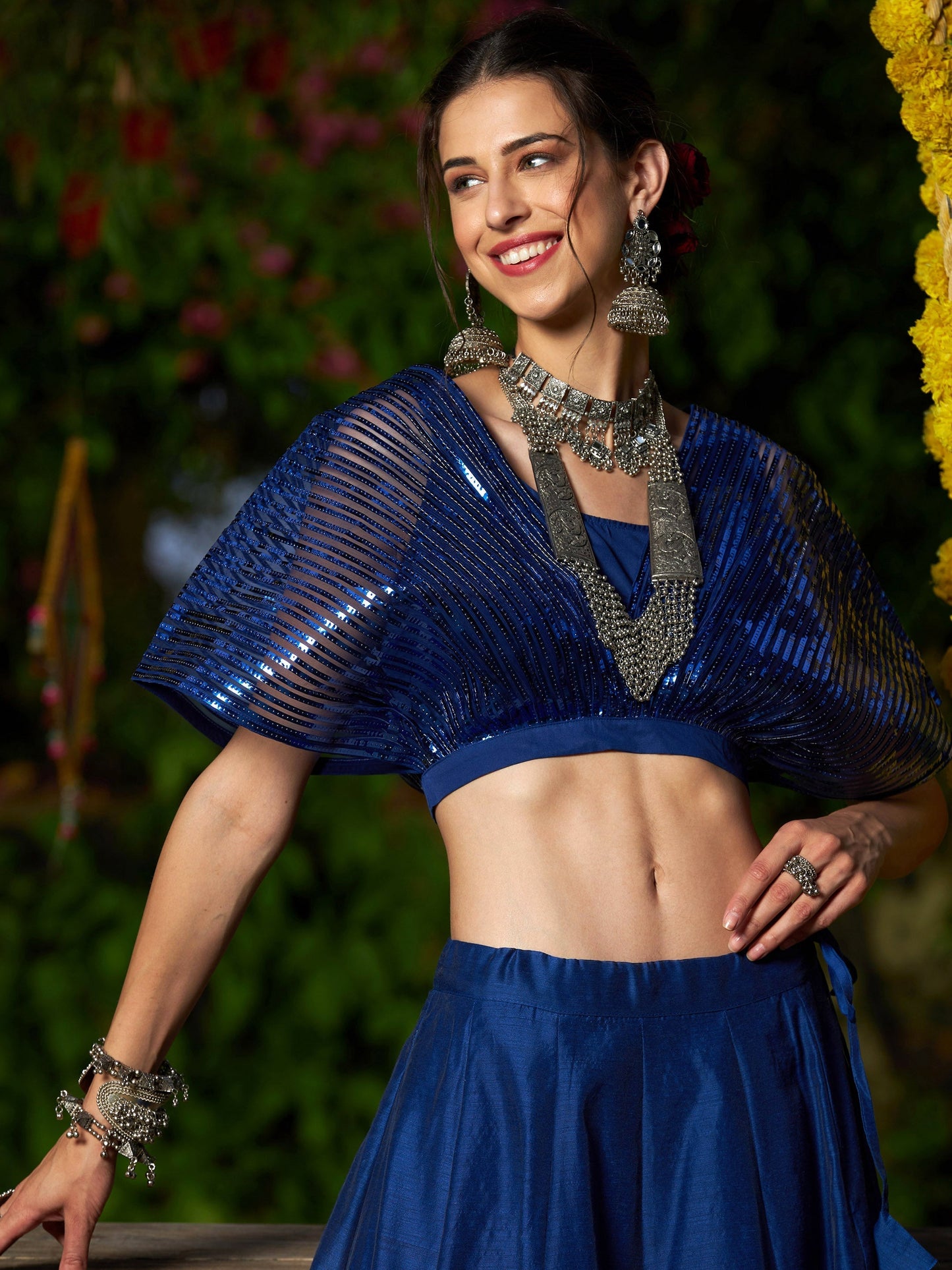 Women's Blue Mesh Mettalic Detail Top with Chanderi Skirt
