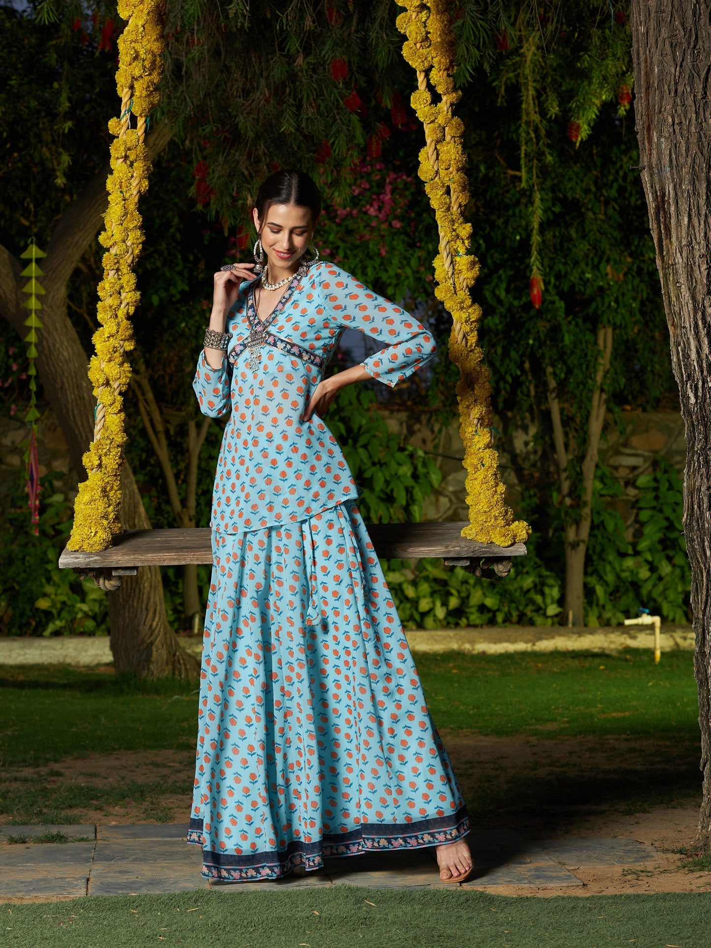 Women's Blue Floral Peplum Top With Anarkali Skirt