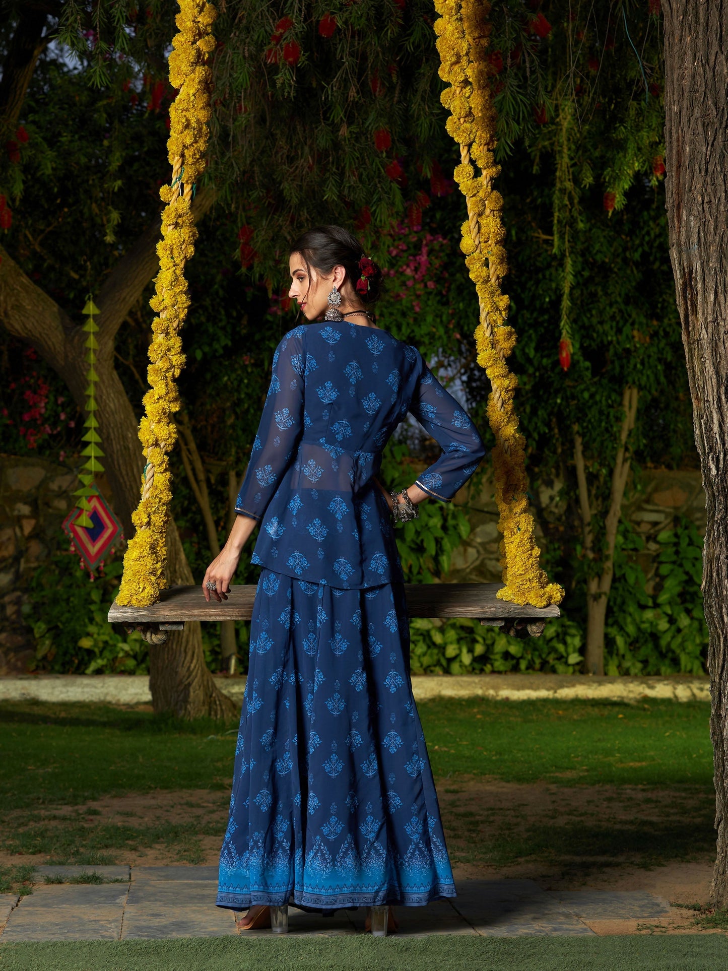 Women's Navy Floral Peplum Top With Anarkali Skirt
