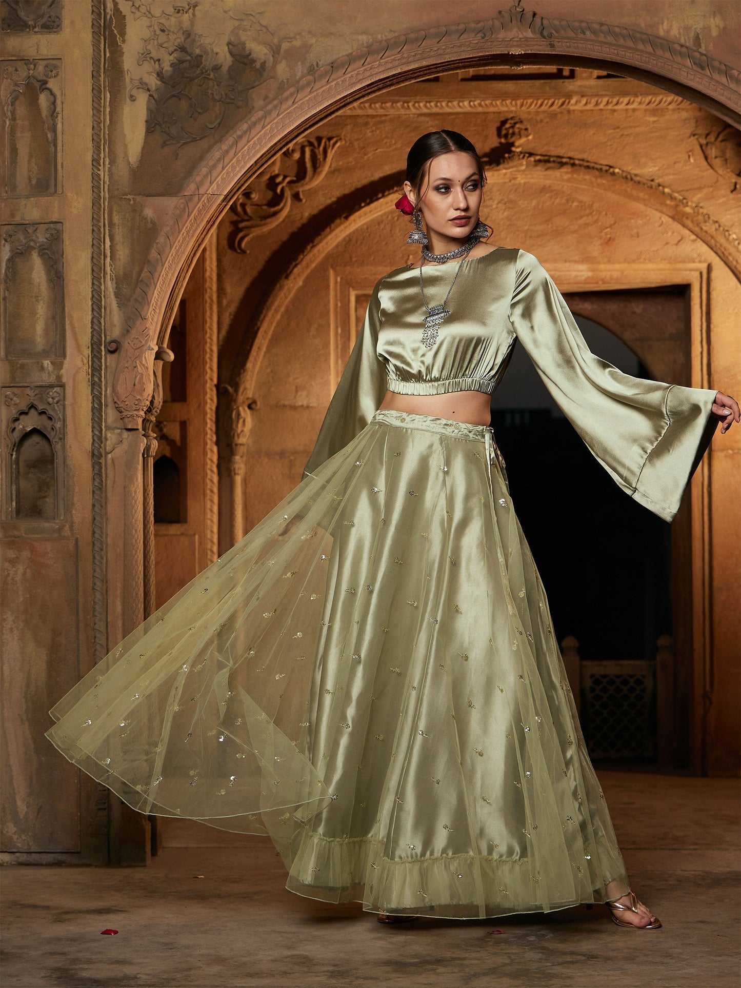 Women's Olive Tulle Sequin Anarkali Skirt