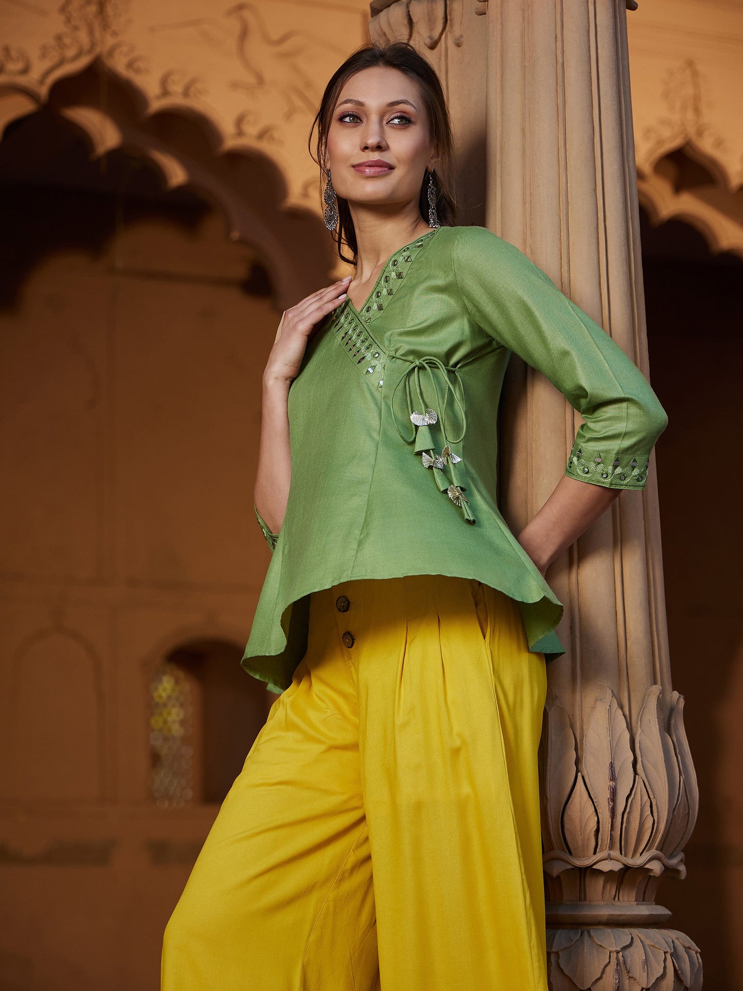 Women's Green Embroidered Angrakha Top