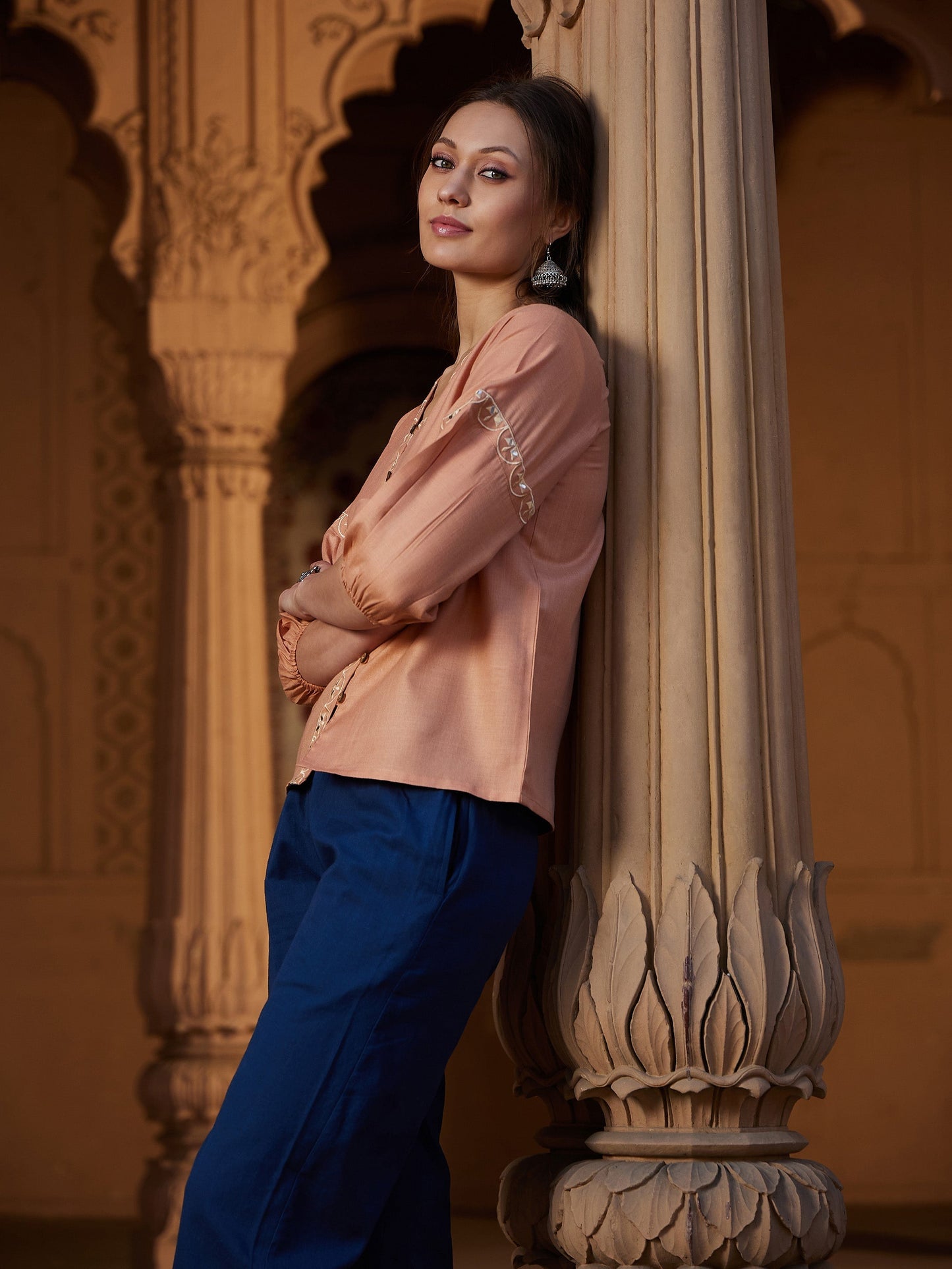 Women's Peach Scalloped Embroidered Top