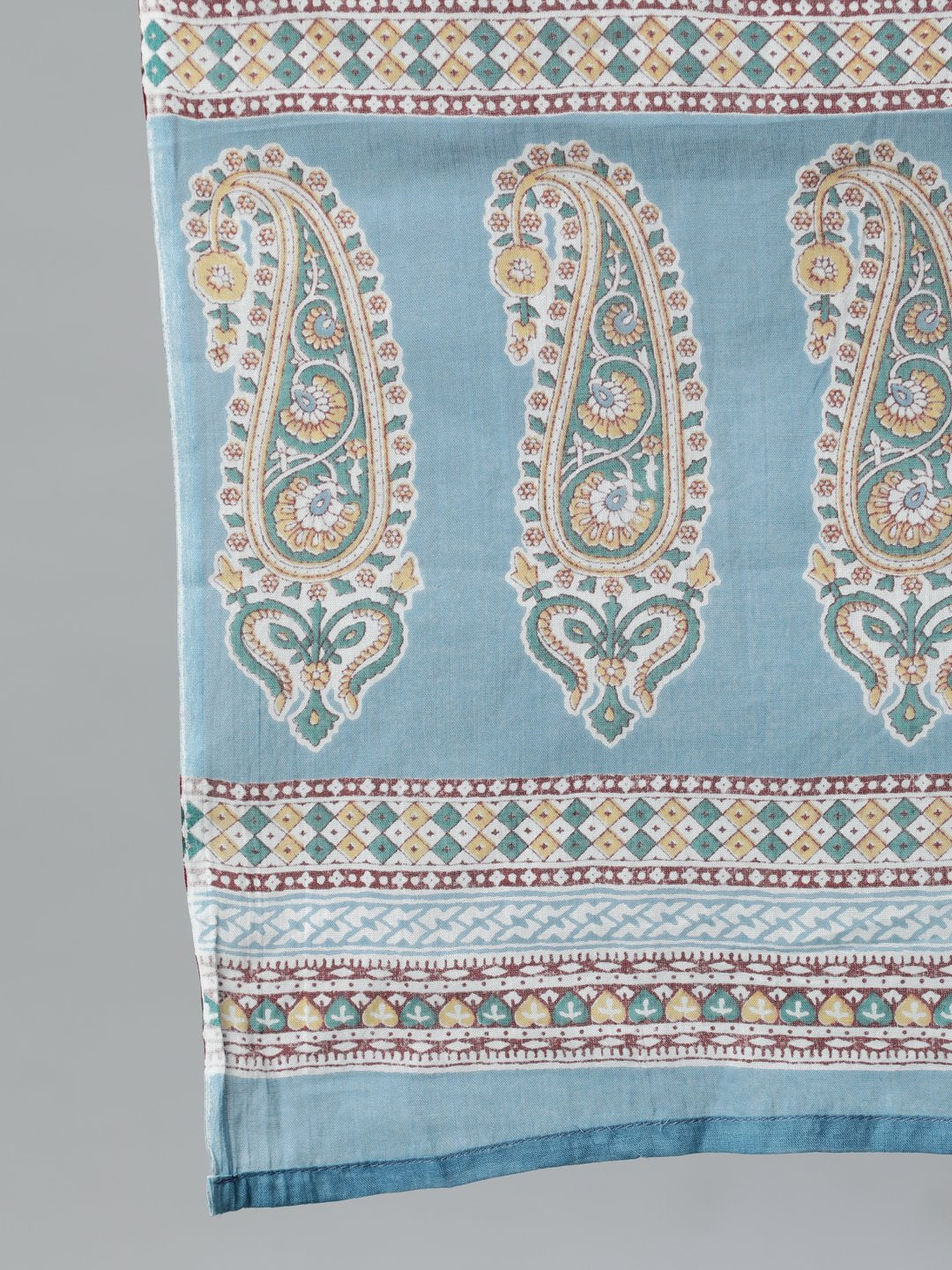 Women's Blue Cotton Floral Printed Regular Kurta With Trousers & Dupatta