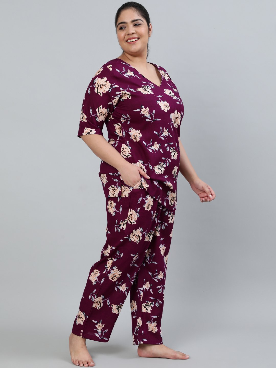 Women's Plus Size Burgundy Floral Printed Night Suit With Half Sleeves