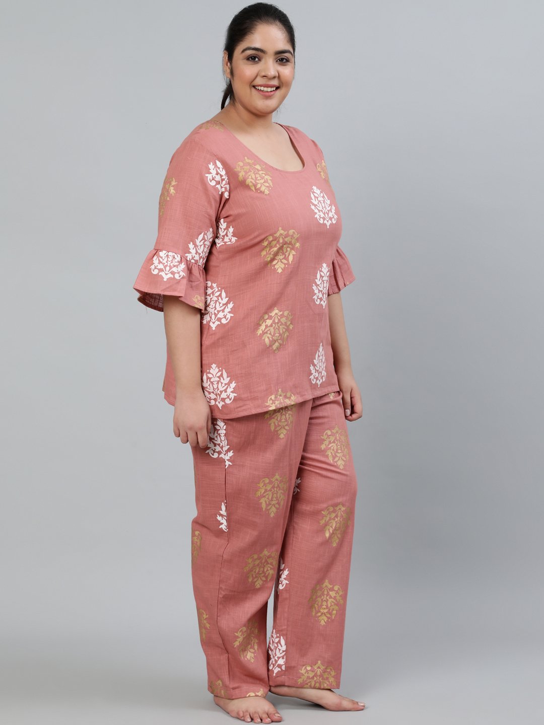 Women's Plus Size Pink Printed Night Suit With Half Sleeves