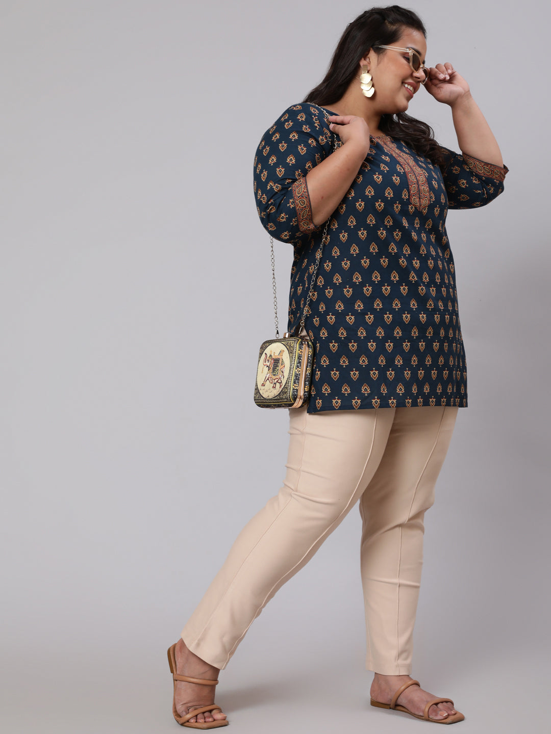 Women's Plus Size Navy Blue Tunic With Three Quarter Sleeves