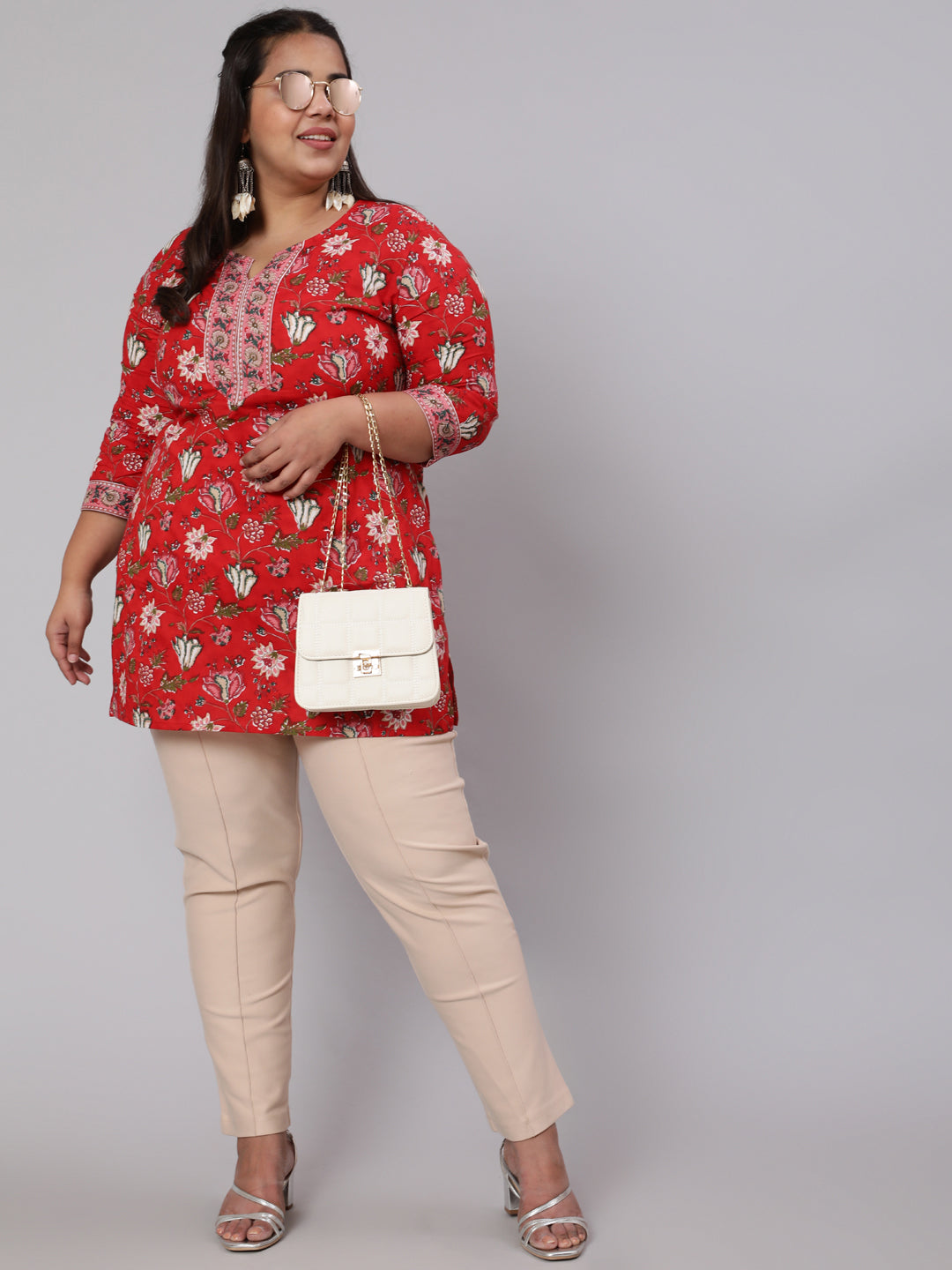 Women's Plus Size Red Ethnic Tunic With Three Quarter Sleeves