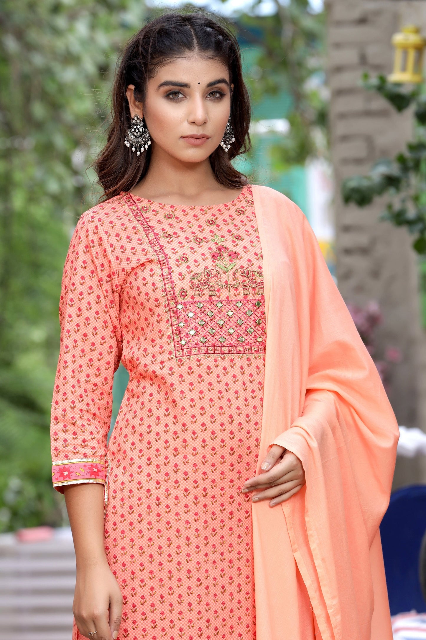 Women's Peach Handblock Dupatta Set