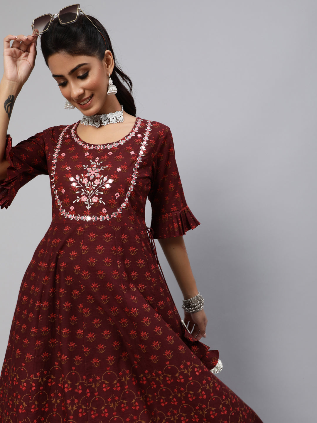 Women's Maroon Floral Print Flared Maxi Dress