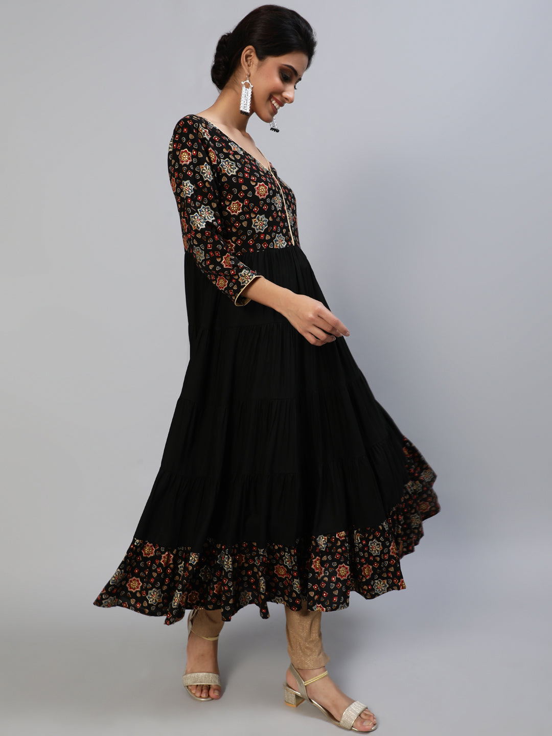 Women's Black Gold Printed Tiered Anarkali