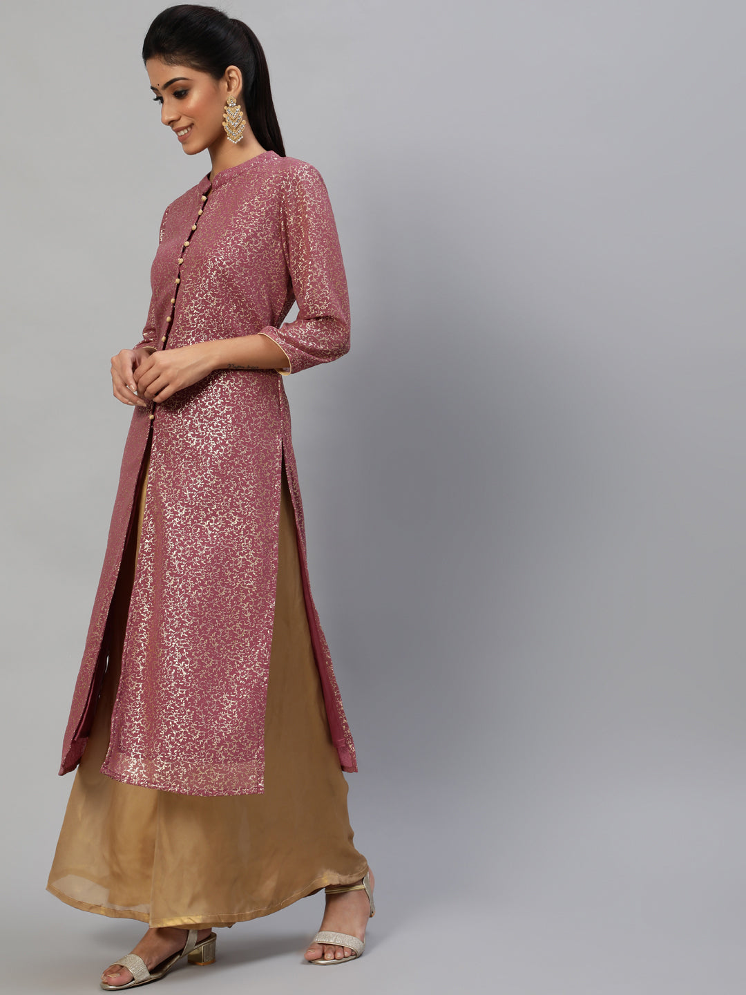 Women's Mauve Gold Foil Print High Slit Kurta