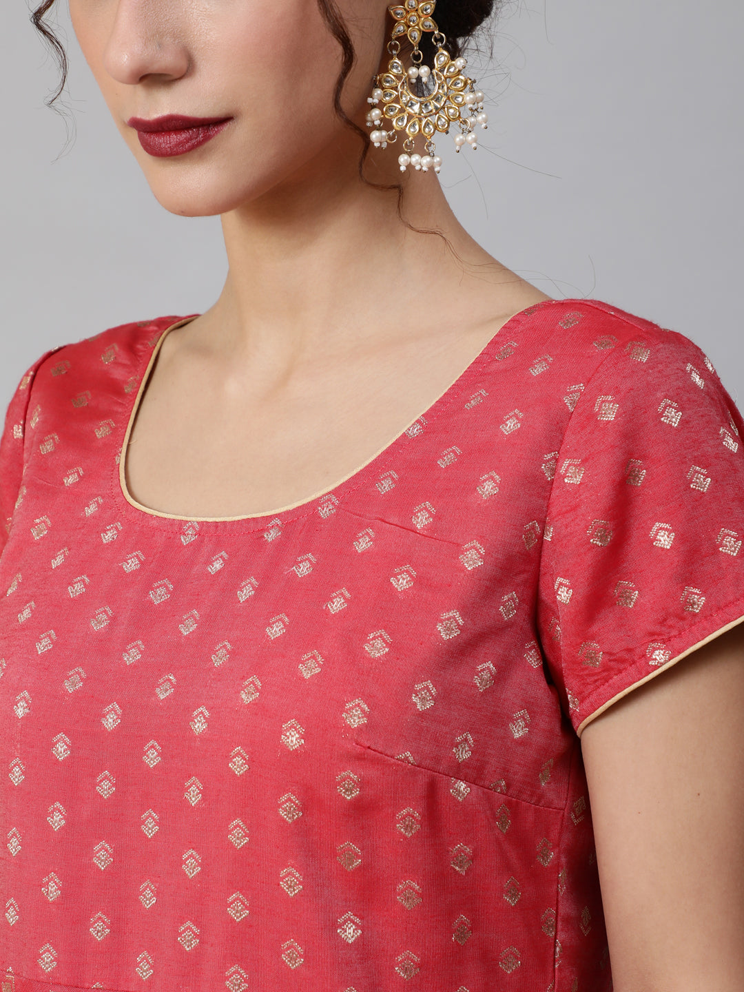 Women's Red Dobby Designed Anarkali