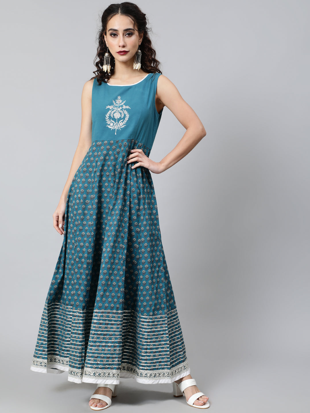 Women's Blue Floral Print Layered Maxi Dress