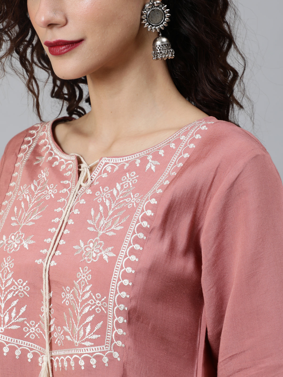 Women's Rose Gold Embroidered Gathered Tunic