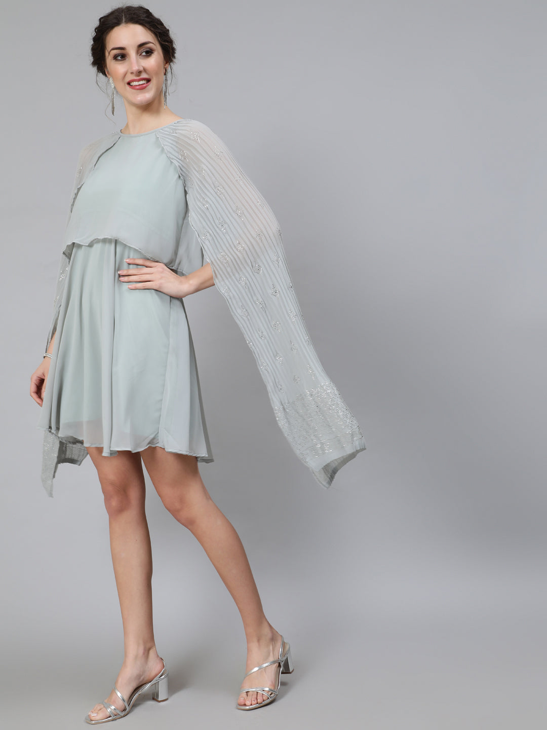 Women's Grey Embellished Layered Dress With Flared Sleeve