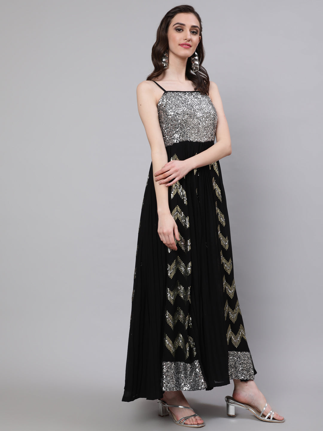 Women's Black Sequin Pleated Maxi Dress