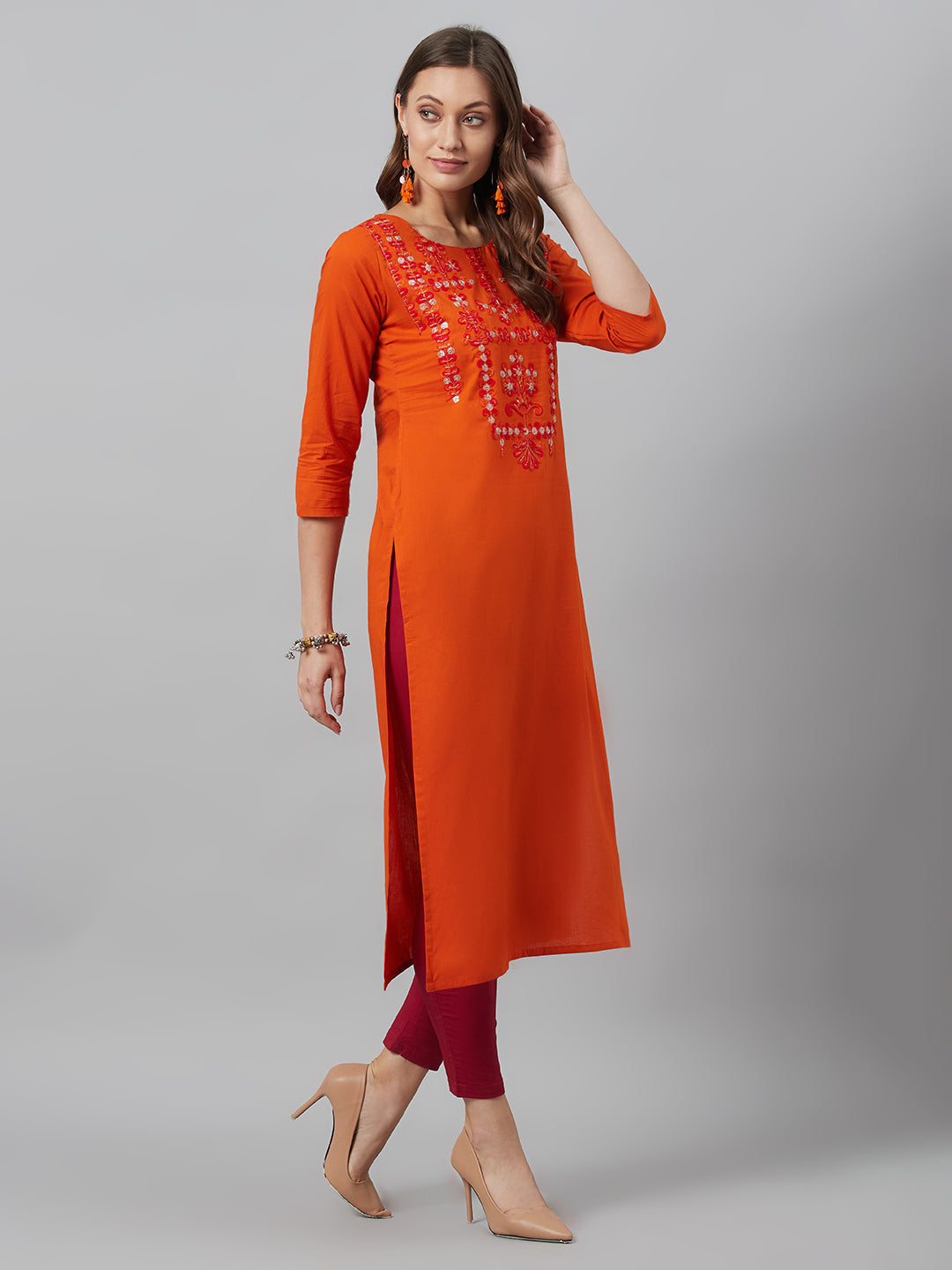 Women's Orange Embroidered Kurta