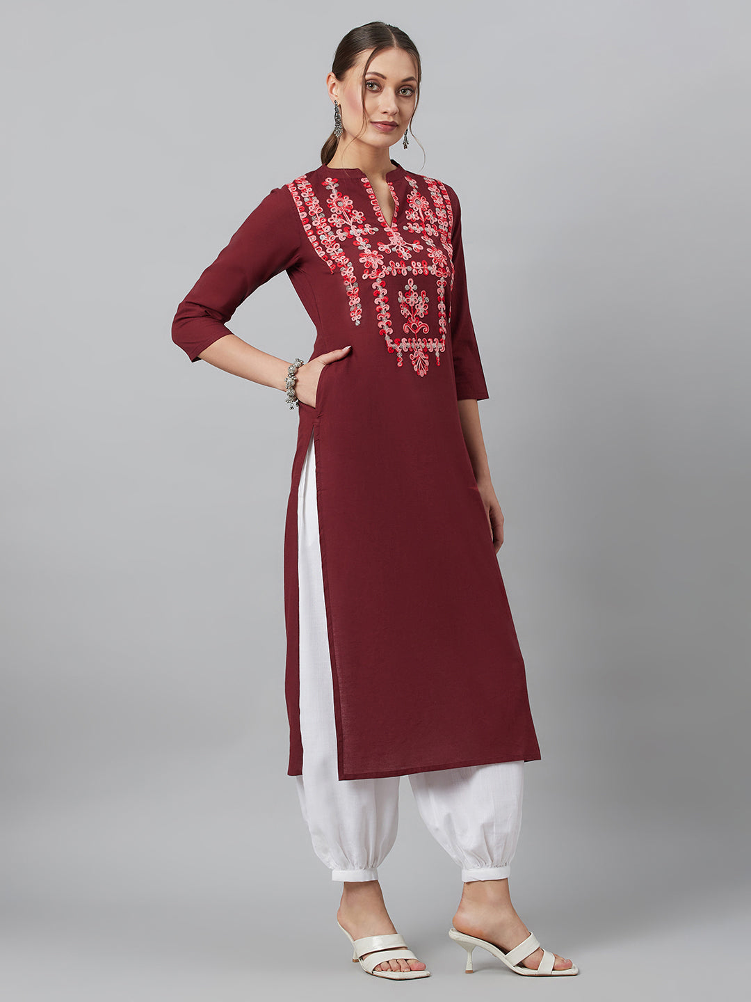 Women's Maroon Embroidered Kurta
