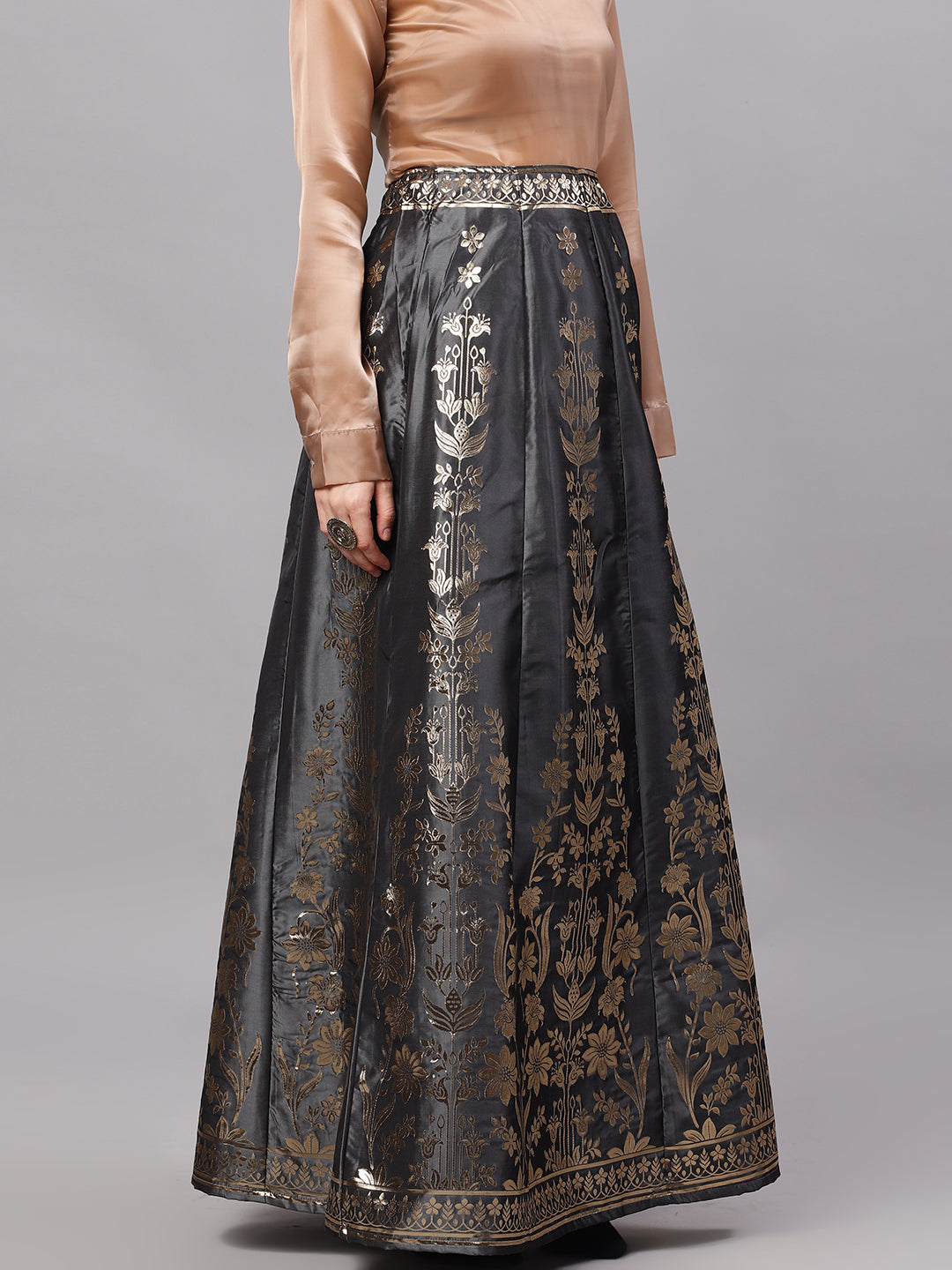 Women's Grey Floral Print Flared Skirt
