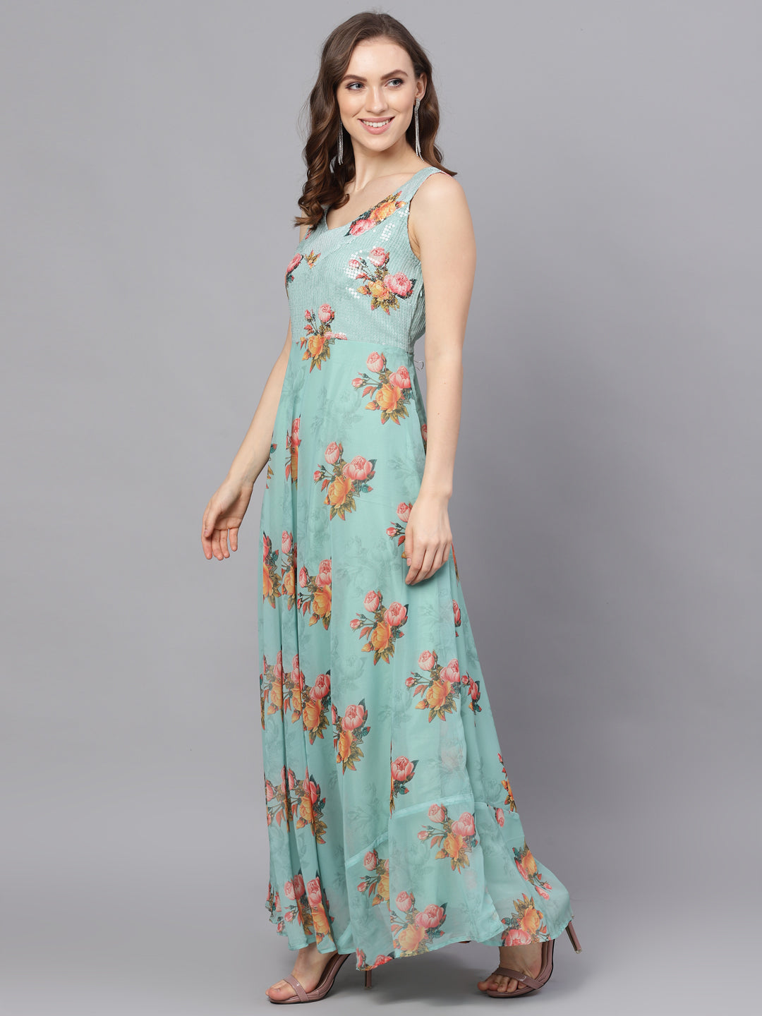 Women's Green Floral Print V-Neck Gown Dress