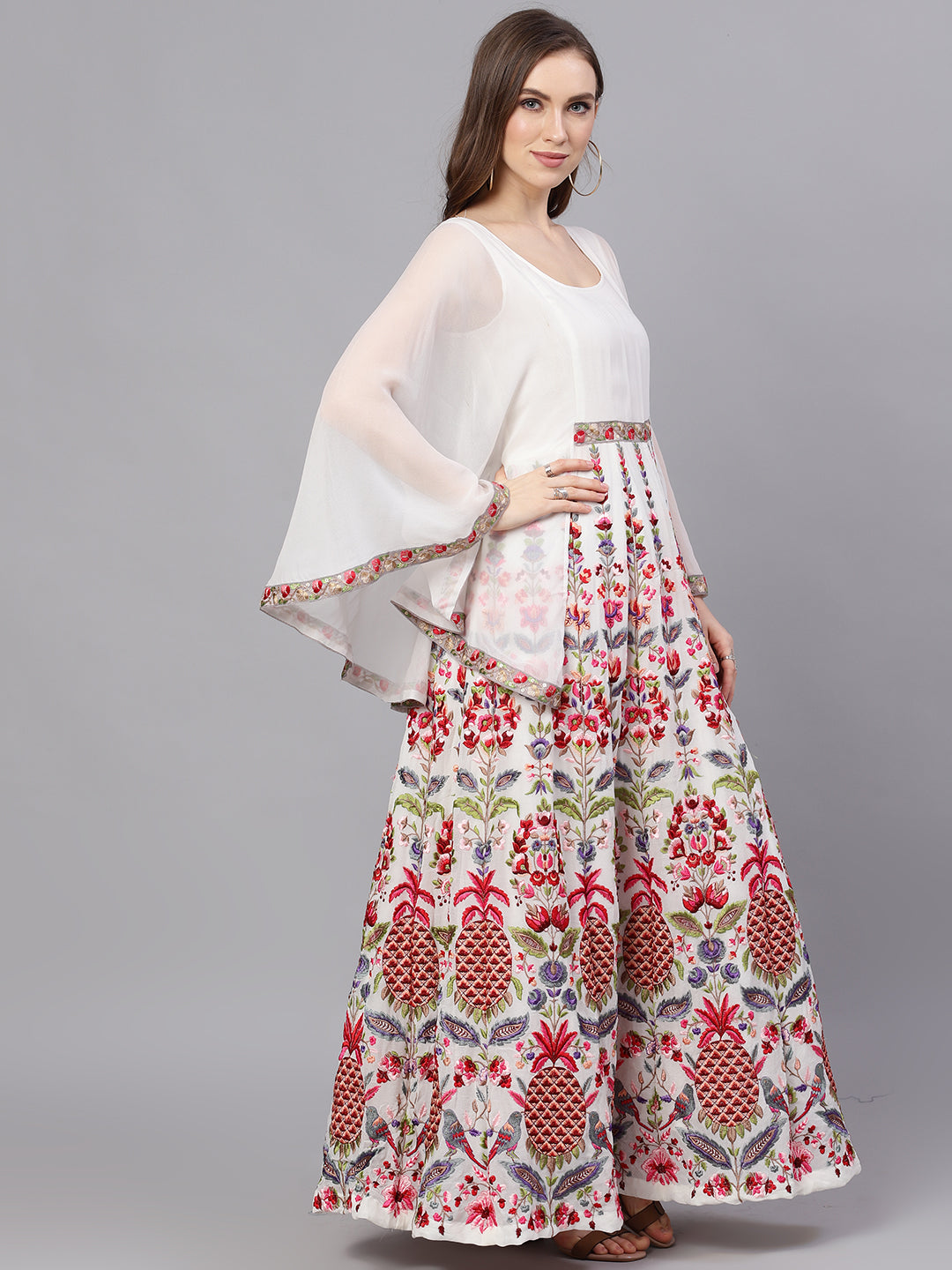Women's White Embroidered Maxi Dress With Cape Sleeves