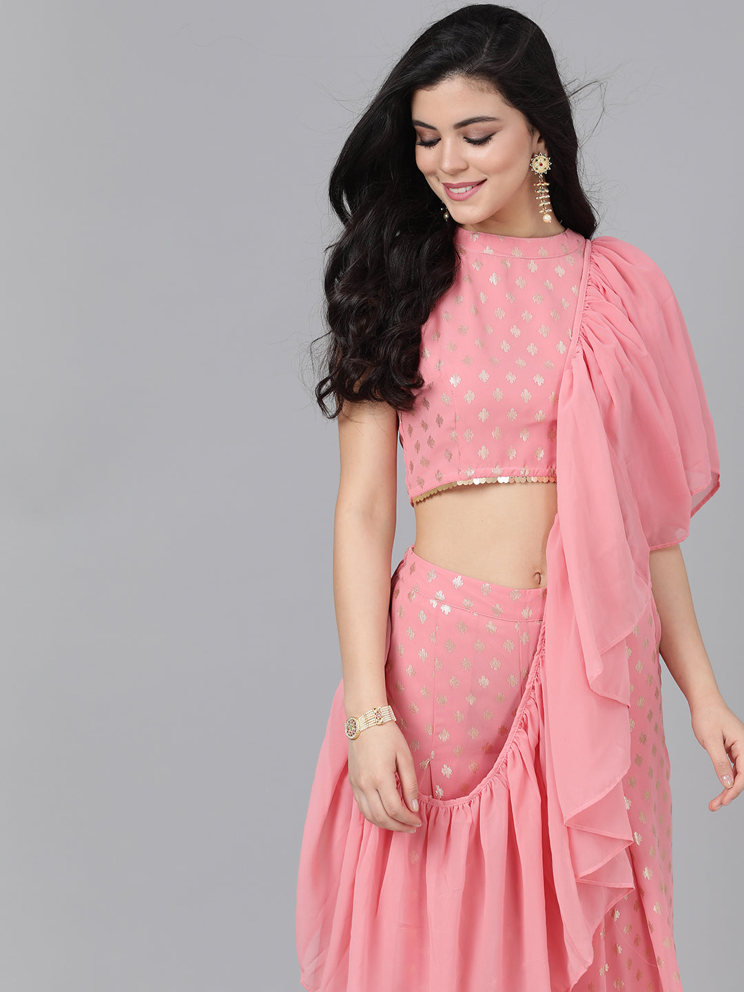 Women's Pink Foil Printed Co Ord Set Pant Saree
