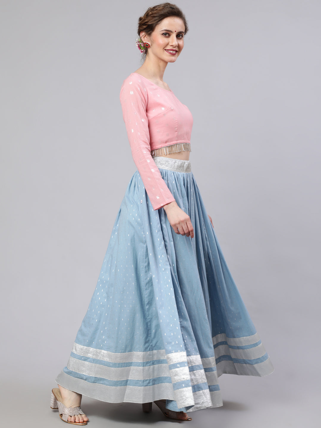 Women's Blue & Pink Lehenga Choli With Dupatta