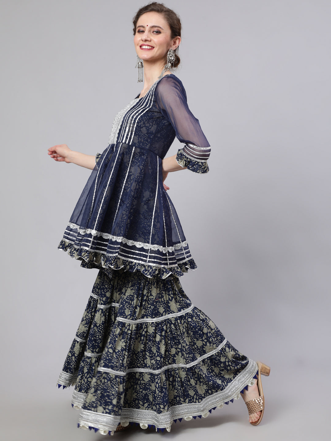Women's Navy Blue Floral Print Kurta Sharara Set