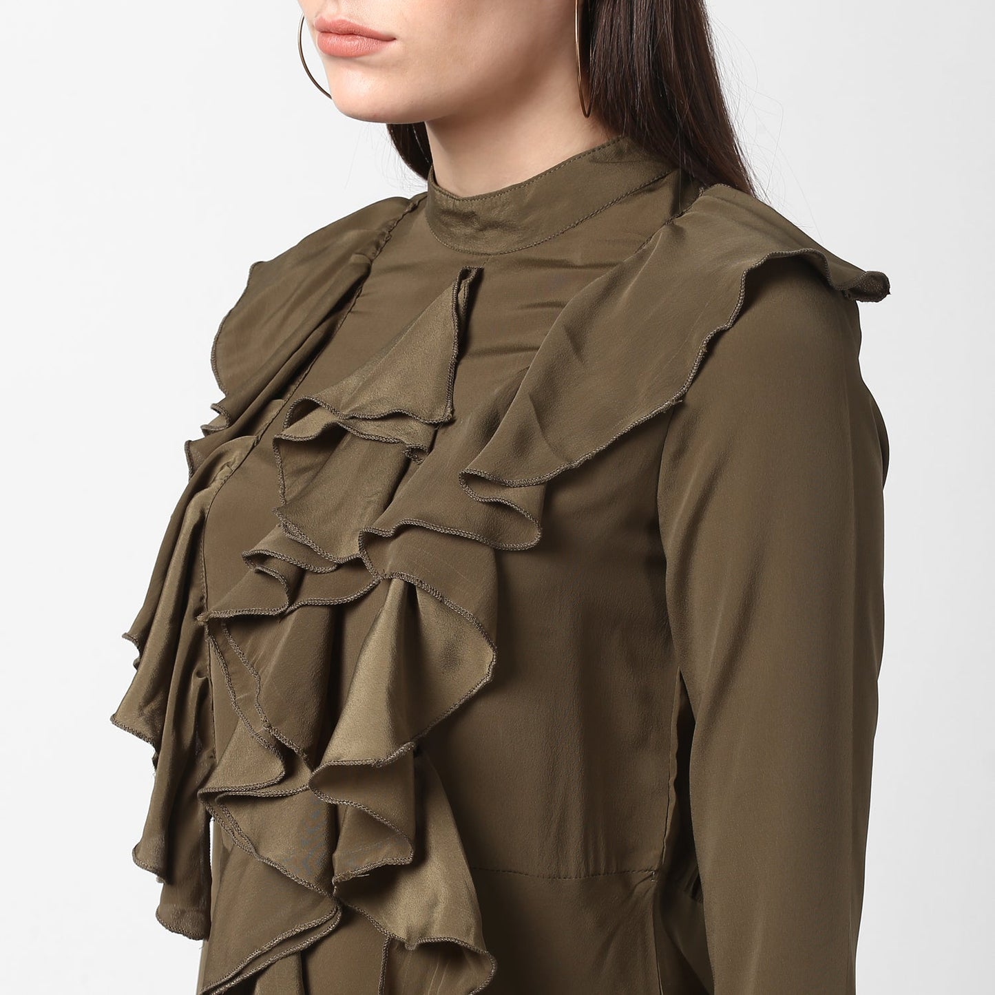 Women's Olive Front Ruffle Bell Sleeve Dress