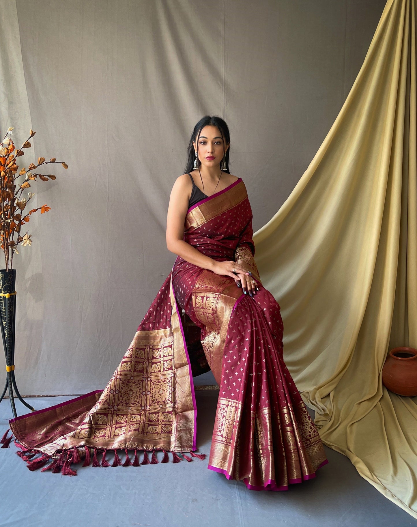 Women's Banarasi Silk Checks Woven Saree Brown