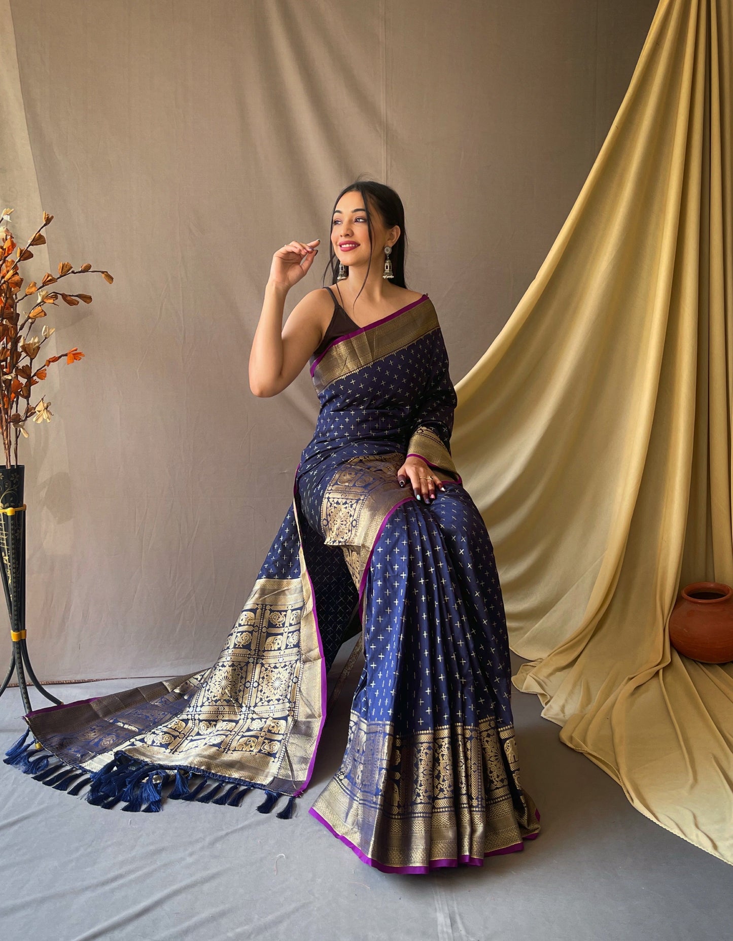 Women's Banarasi Silk Checks Woven Saree Dark Blue