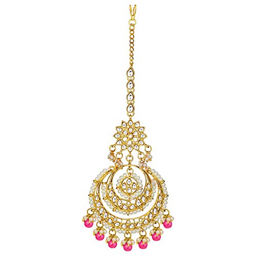 Women's Traditional Gold Plated Chandbali Kundan & Pearl Earring Set with Maang Tikka
