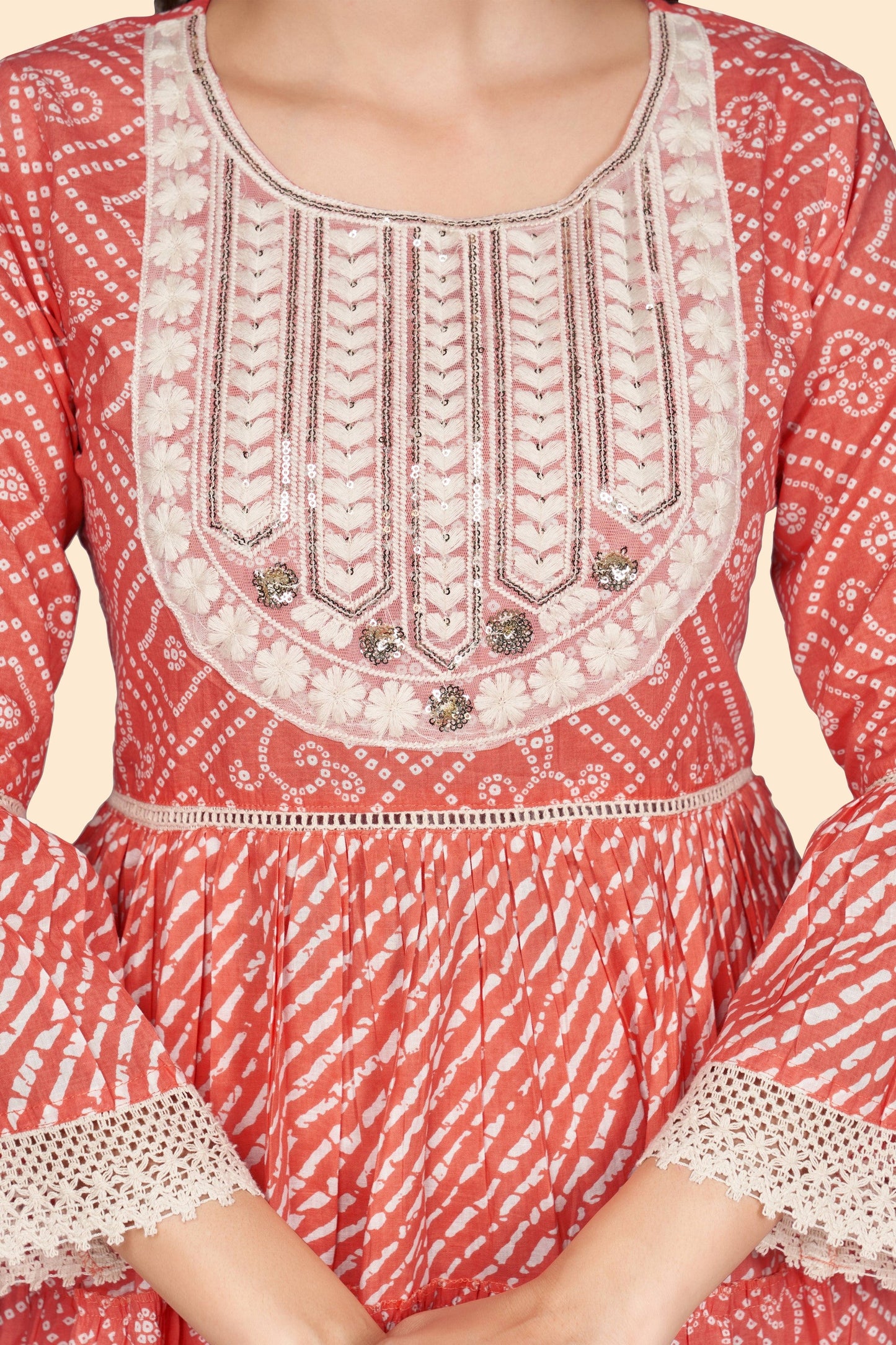Women's Bandhani Print & Embroidered Flared Cotton Orange Stitched Top With Pant