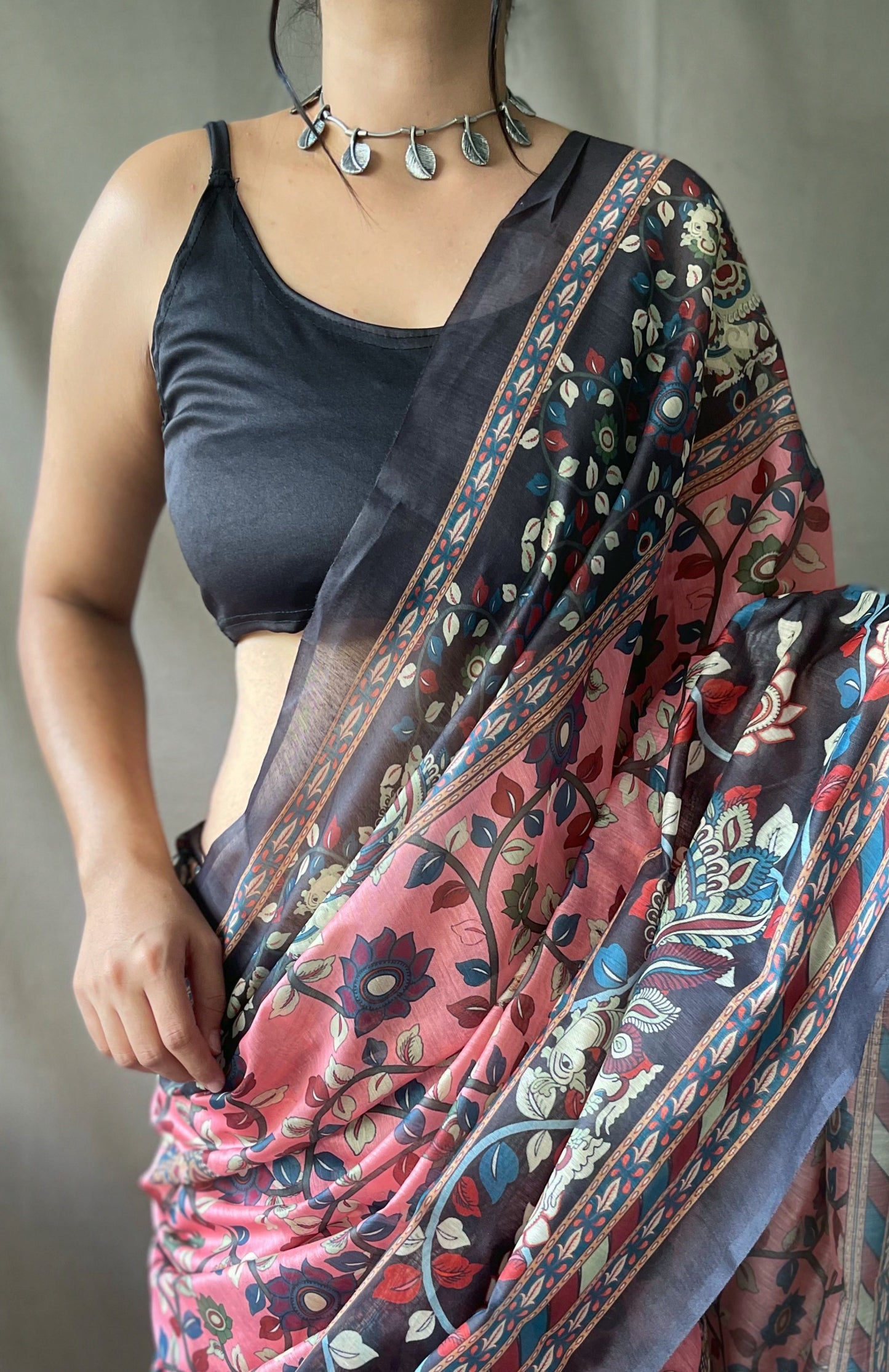 Women's Pink Color Cotton Kalamkari Printed Saree Dusty Pink