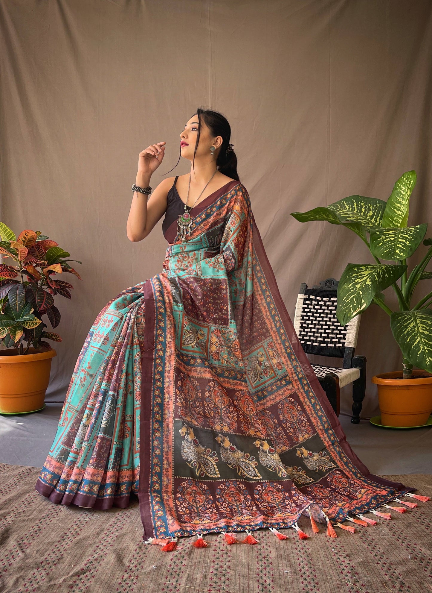 Women's Blue Color Cotton Kalamkari Printed Teal